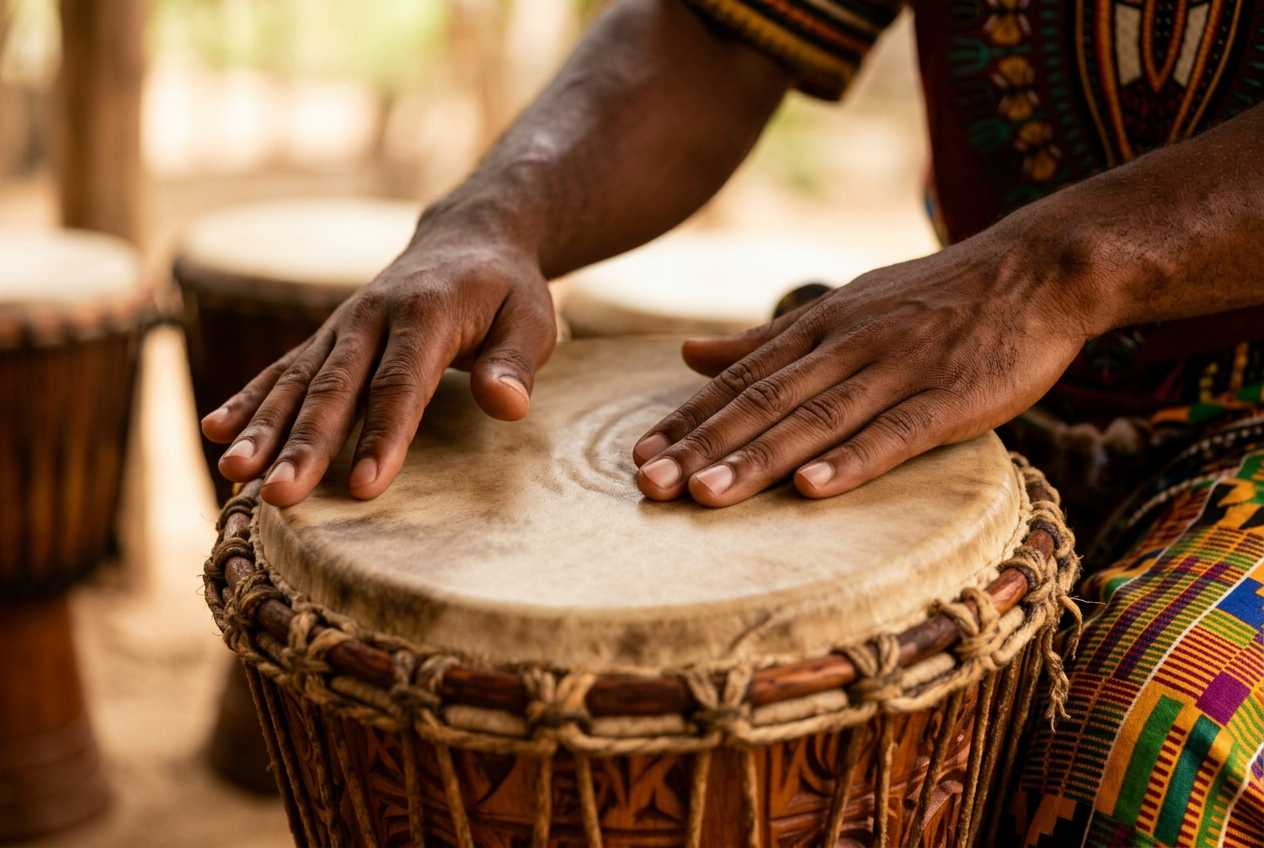 Hands playing a traditional West African djembe drum.